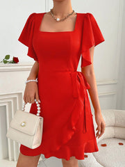 Privé Valentine's Day Holiday Short Wrap Dress With Flutter Sleeve And Cinched Waist