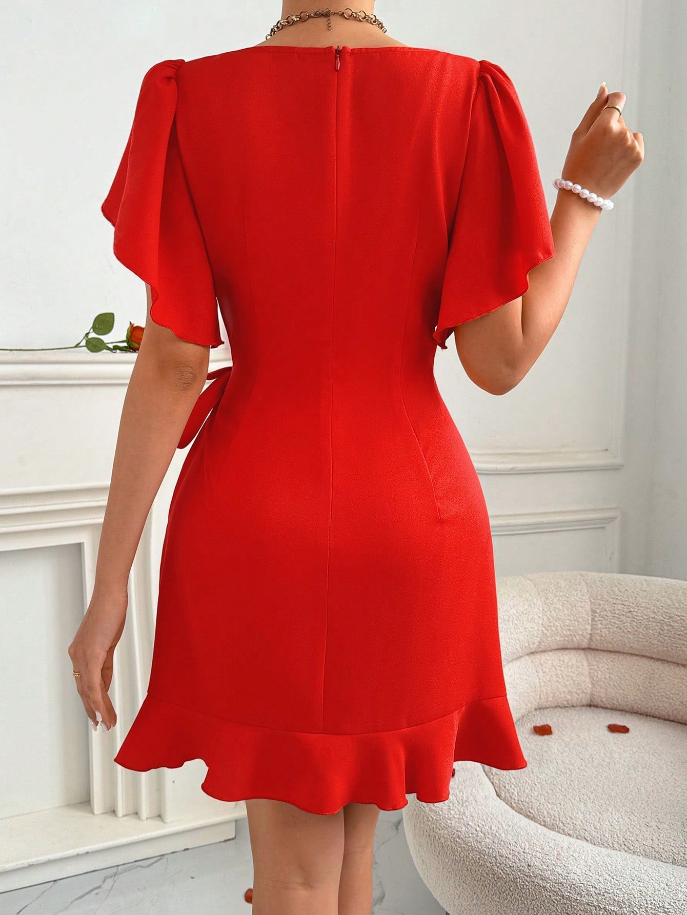 Privé Valentine's Day Holiday Short Wrap Dress With Flutter Sleeve And Cinched Waist