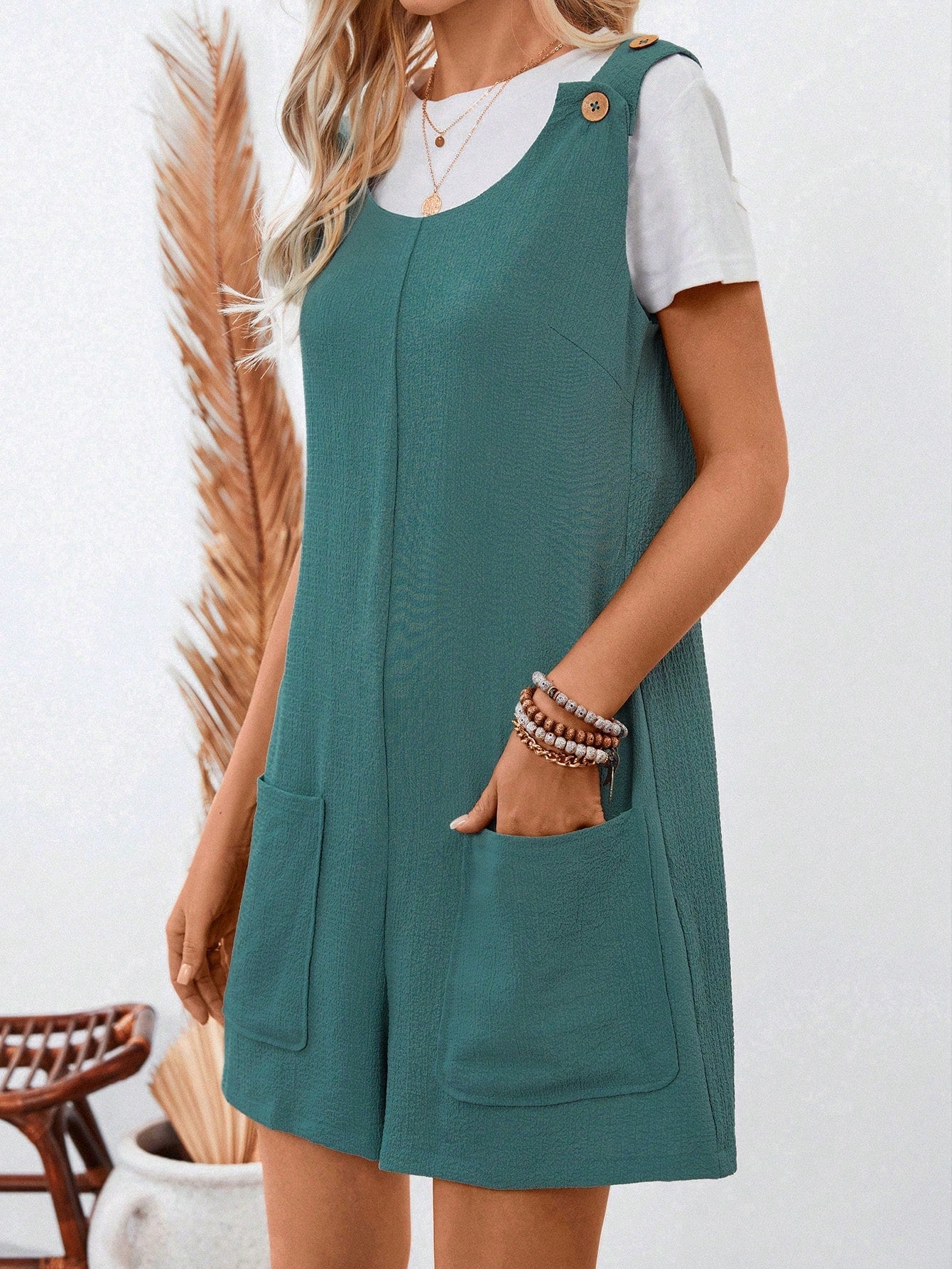 LUNE Knot Front Pocket Patched Overall Romper Without Tube Top