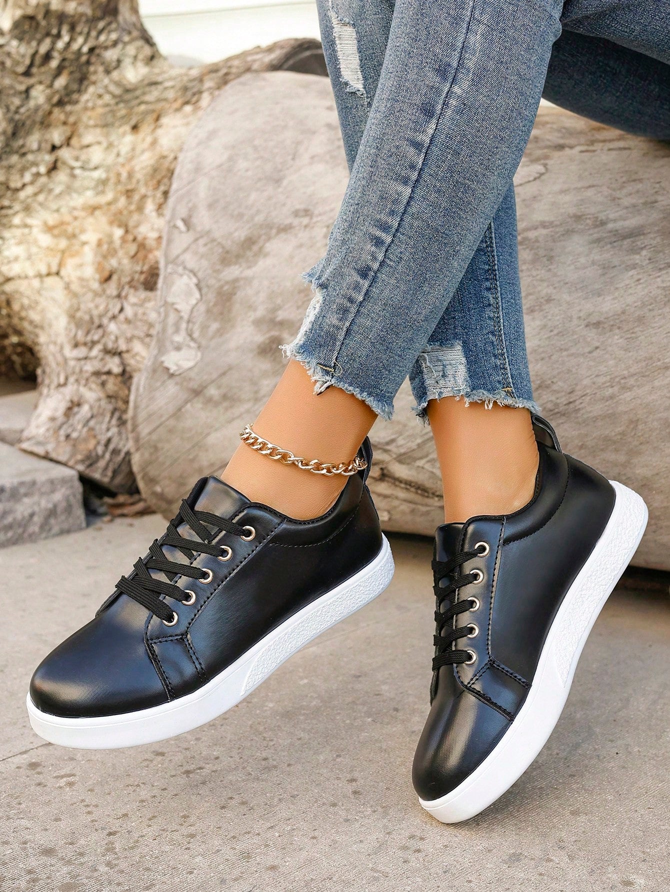 Women'S Black Fashionable Simple Comfortable Casual Sports Shoes, Slip-Resistant, All Seasons, Suitable For Students