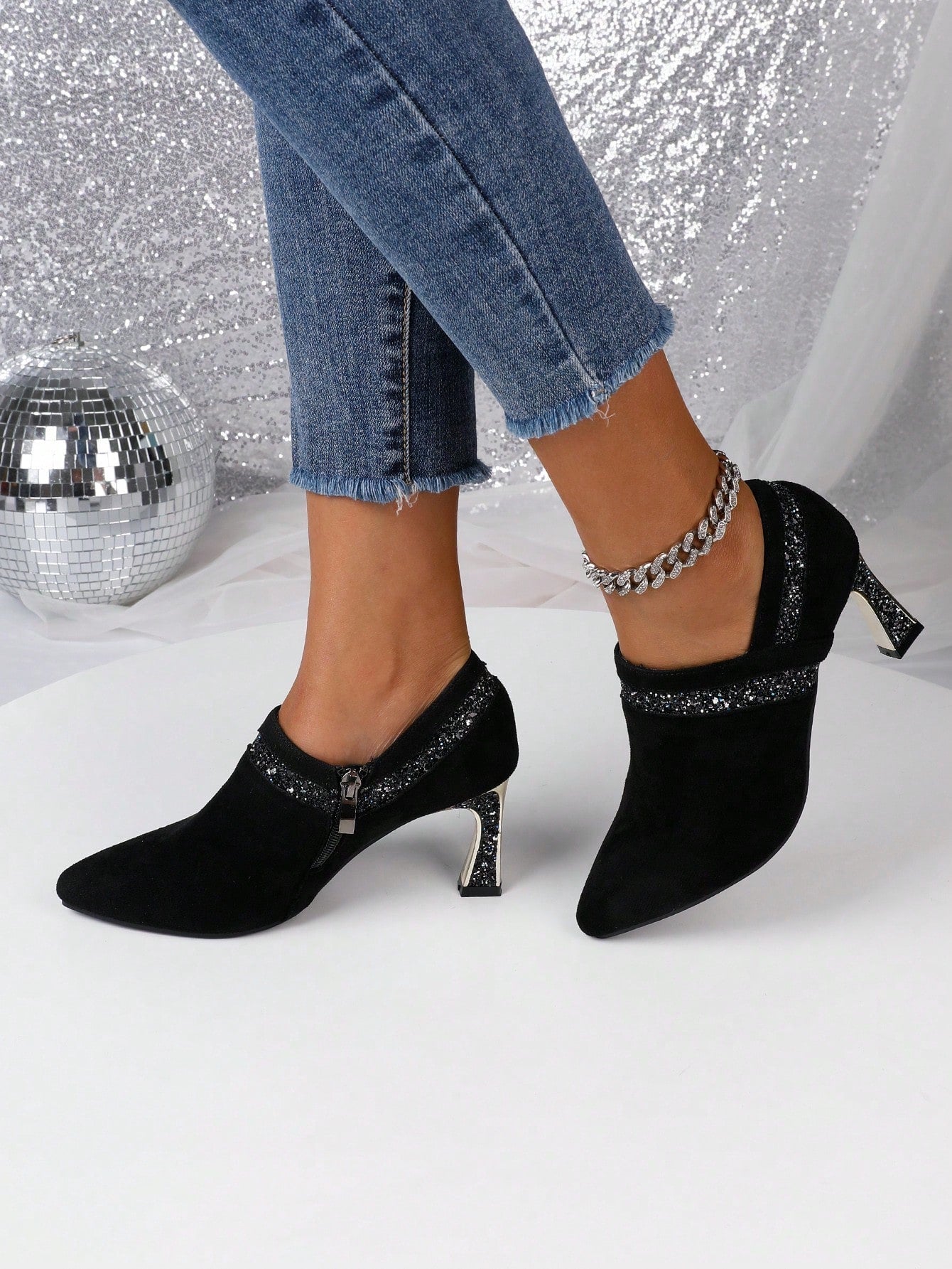 Women's Chunky Heel Spring High Heels, Retro Suede Upper, Electroplated Heel, Gentle Pointed Toe And Rhinestone Decoration, Closed Toe Work Pumps