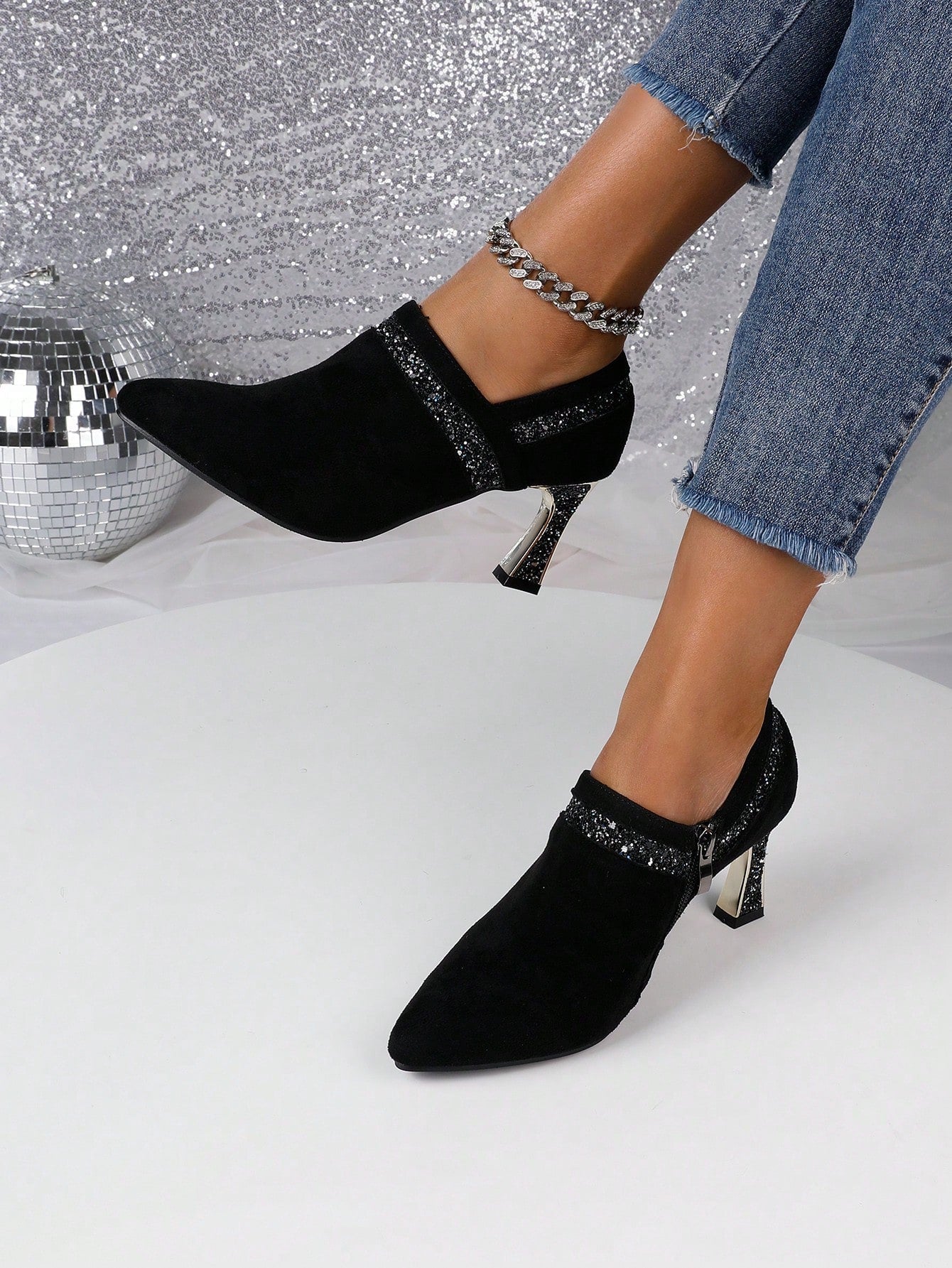 Women's Chunky Heel Spring High Heels, Retro Suede Upper, Electroplated Heel, Gentle Pointed Toe And Rhinestone Decoration, Closed Toe Work Pumps