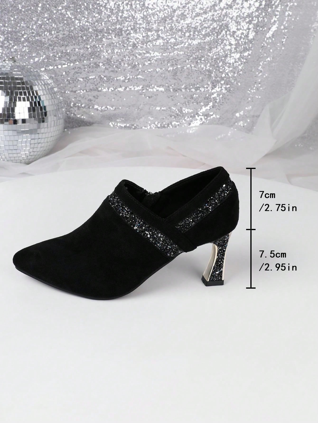 Women's Chunky Heel Spring High Heels, Retro Suede Upper, Electroplated Heel, Gentle Pointed Toe And Rhinestone Decoration, Closed Toe Work Pumps