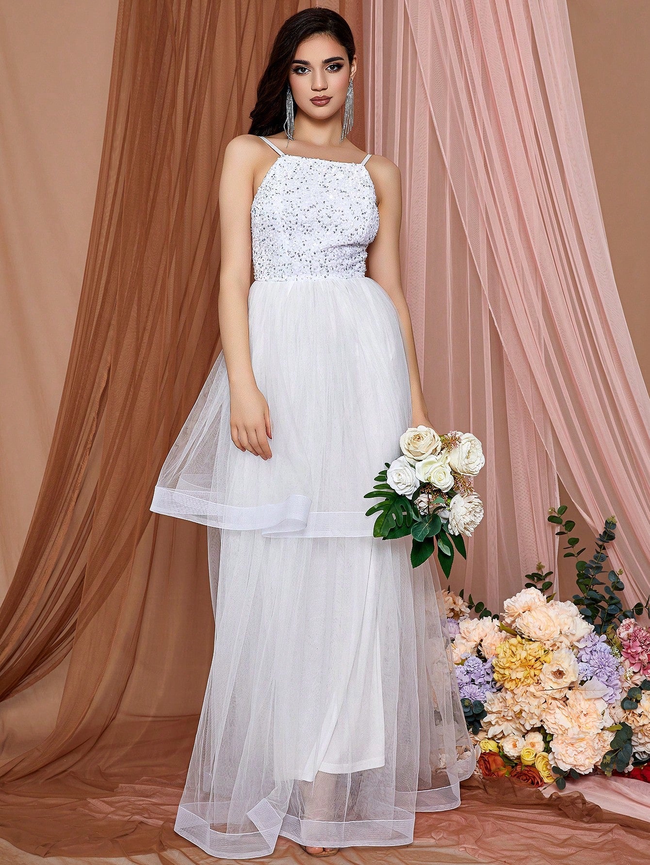 LOVE&LEMONADE Glitter Mesh Splice Cami Wedding Dress