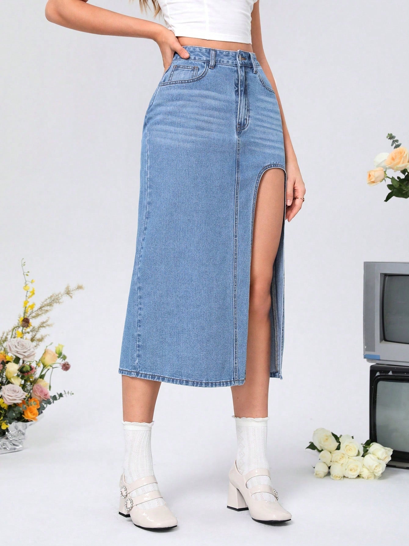 MOD Women'S High Slit Denim Skirt