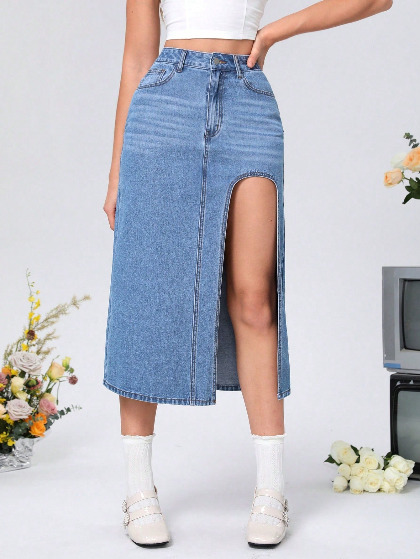 MOD Women'S High Slit Denim Skirt