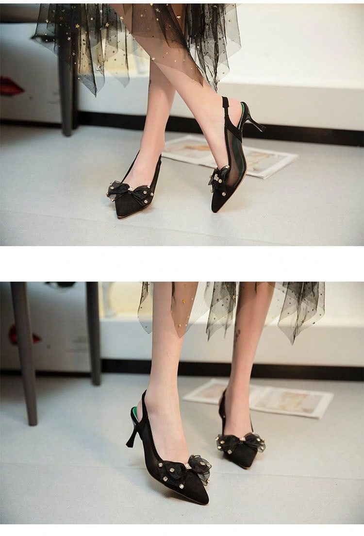 Butterfly Knot Mesh Stiletto Heels For Women, Spring 2024 New Arrival, Elegant Goddess Style, Pointed Toe, Shallow Mouth, Backless, Single Shoes For Women