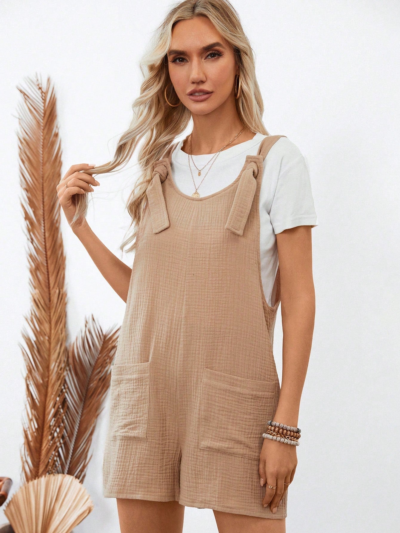 LUNE Knot Front Pocket Patched Overall Romper Without Tube Top