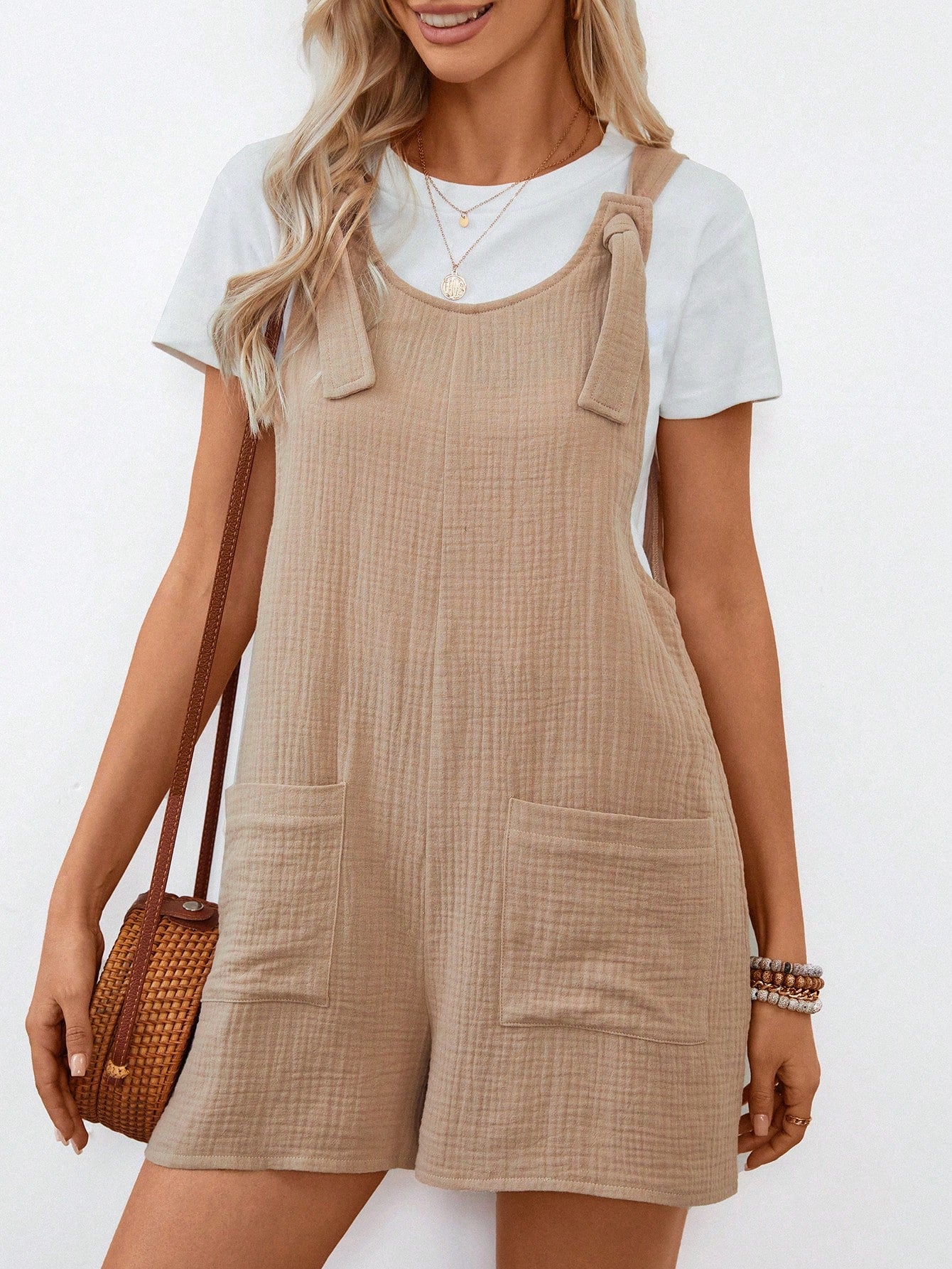 LUNE Knot Front Pocket Patched Overall Romper Without Tube Top