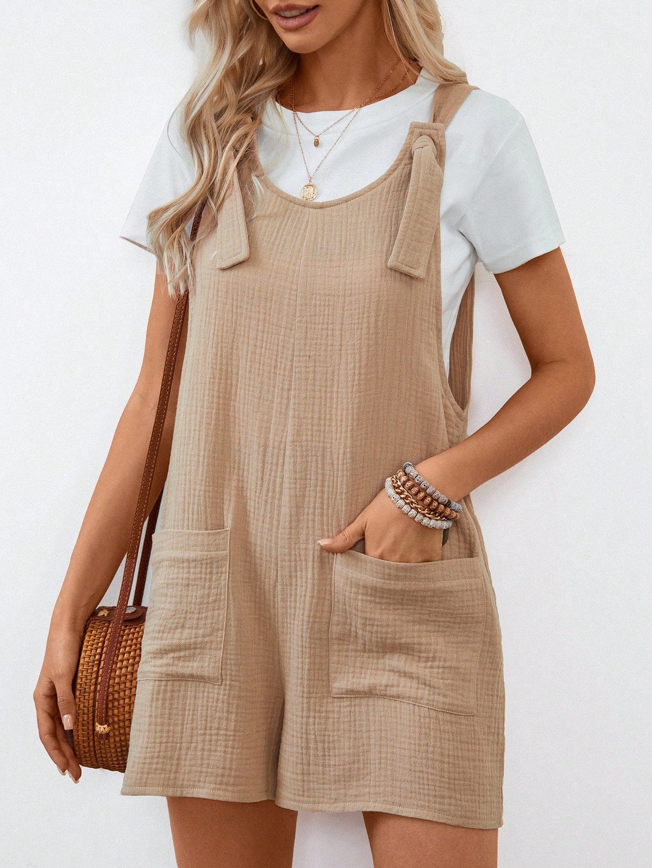 LUNE Knot Front Pocket Patched Overall Romper Without Tube Top