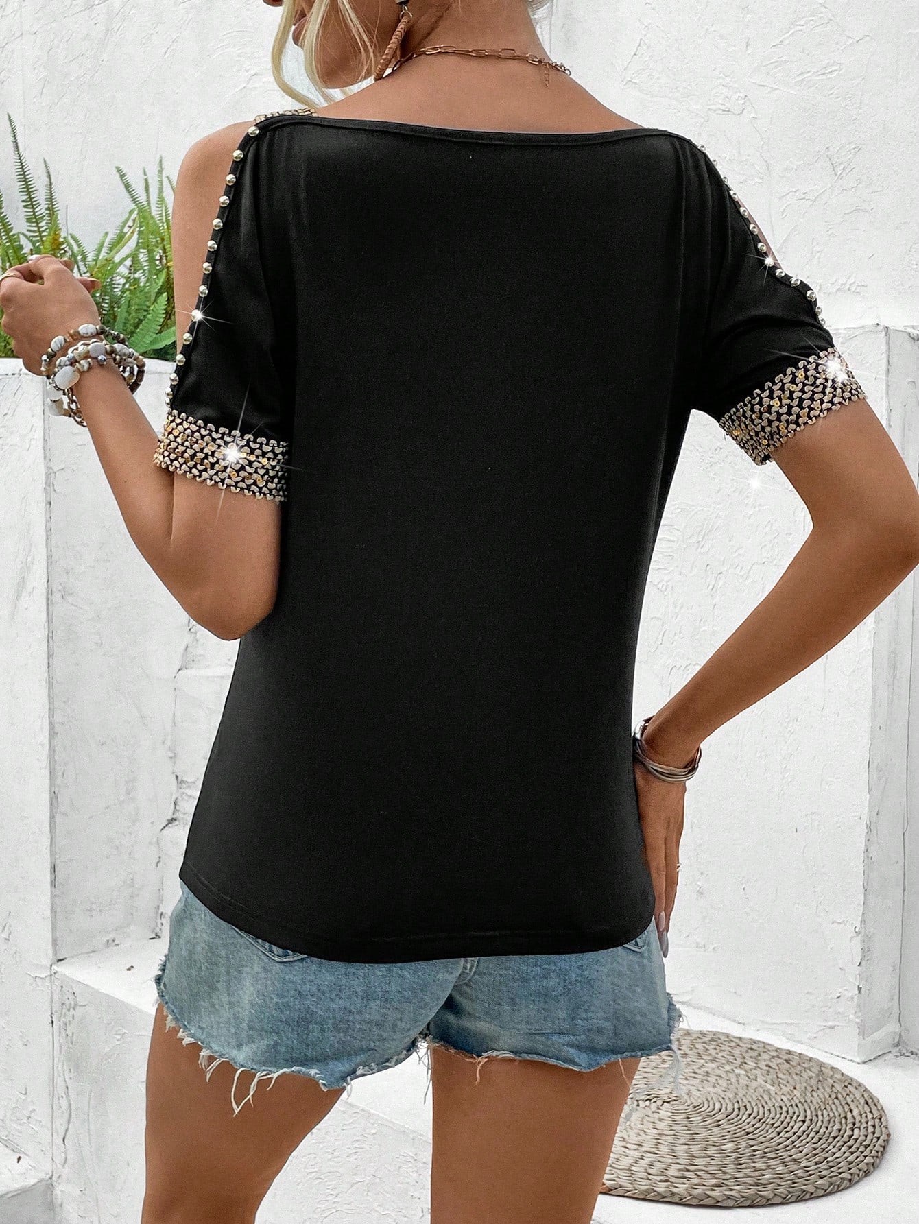 VCAY Beaded Off Shoulder Short Sleeve T-Shirt