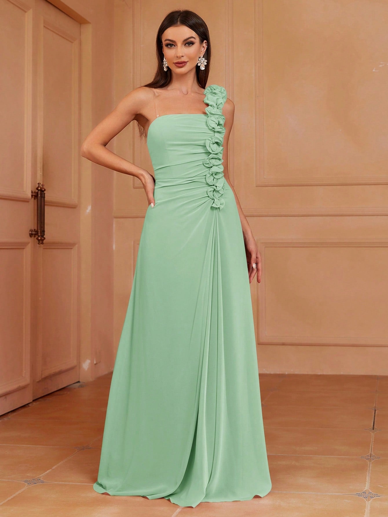 Belle One Shoulder Pleated Lace A-Line Bridesmaid Dress