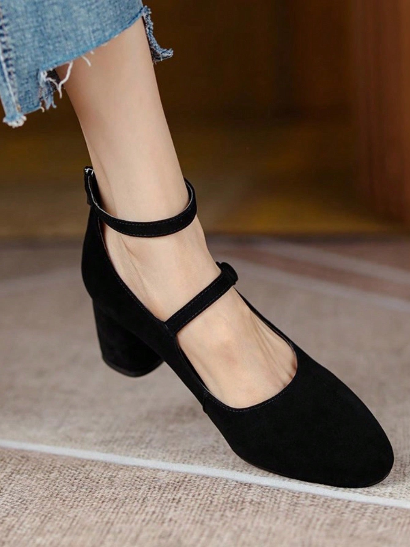 Spring/Autumn New Arrivals Women'S High Heels Mary Jane Shoes, Vintage Suede Shallow Mouth Chunky Heel Single Shoes For Women