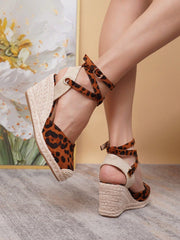 Fashionable Women'S Brown Leopard Print Strappy Round Toe Woven Platform Wedge Sandals