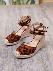 Fashionable Women'S Brown Leopard Print Strappy Round Toe Woven Platform Wedge Sandals