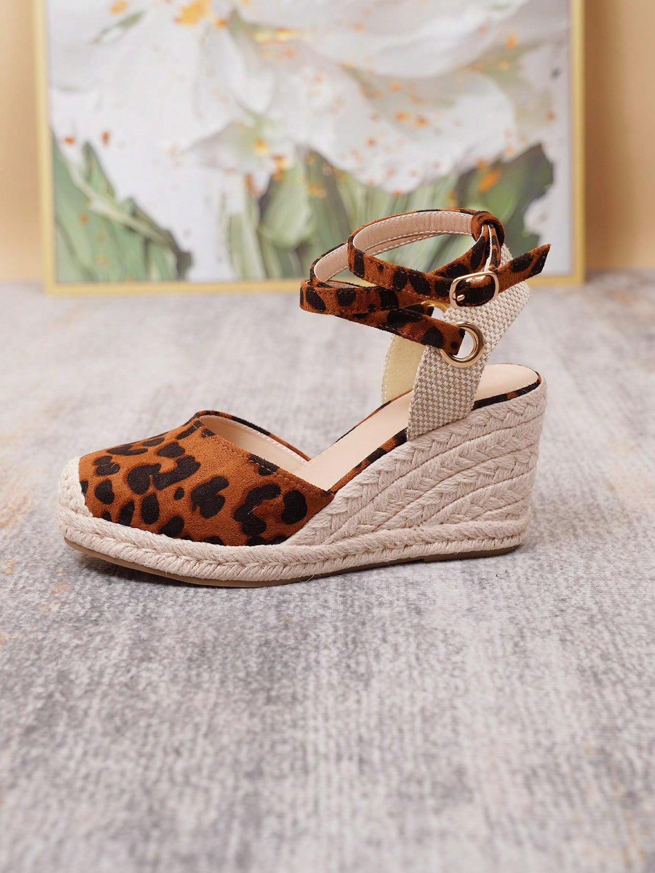 Fashionable Women'S Brown Leopard Print Strappy Round Toe Woven Platform Wedge Sandals