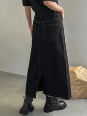 FRIFUL Women'S Contrast Stitching Long Denim Skirt