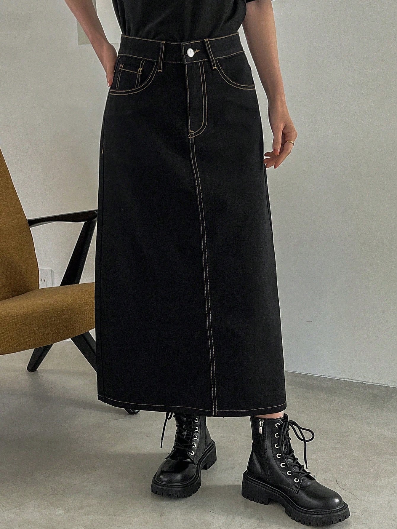 FRIFUL Women'S Contrast Stitching Long Denim Skirt