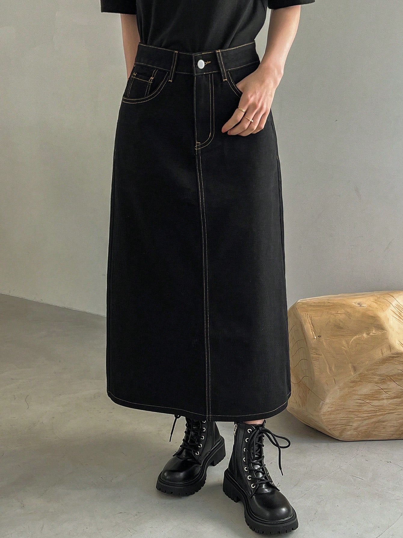 FRIFUL Women'S Contrast Stitching Long Denim Skirt