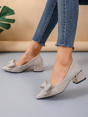 Women'S High-Heeled Shallow Mouth Single Shoes Pointed Toe Thick Heel Slip-Resistant Bow