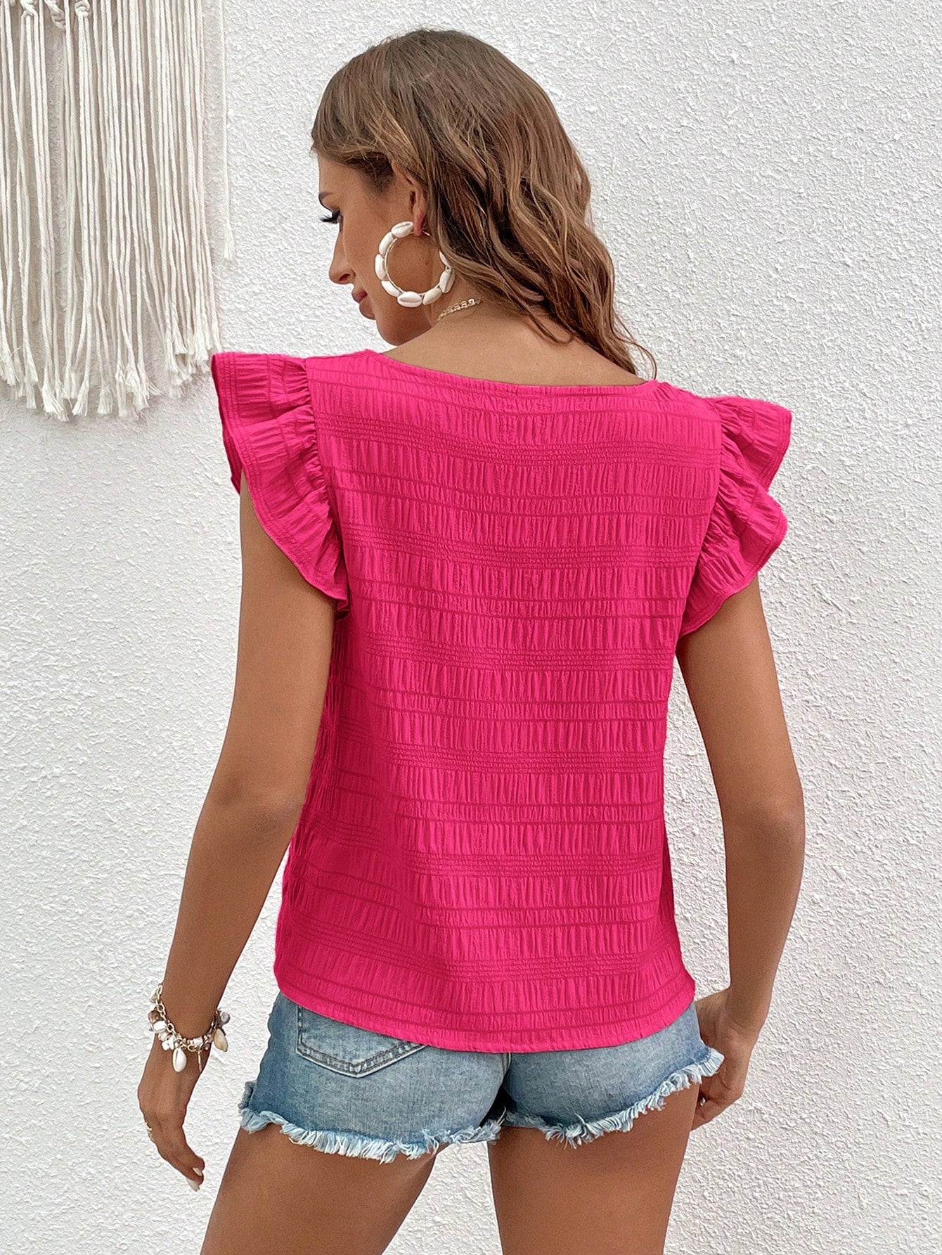 VCAY Solid Puff Sleeve Ruffle Trim Blouse Square Neck Top