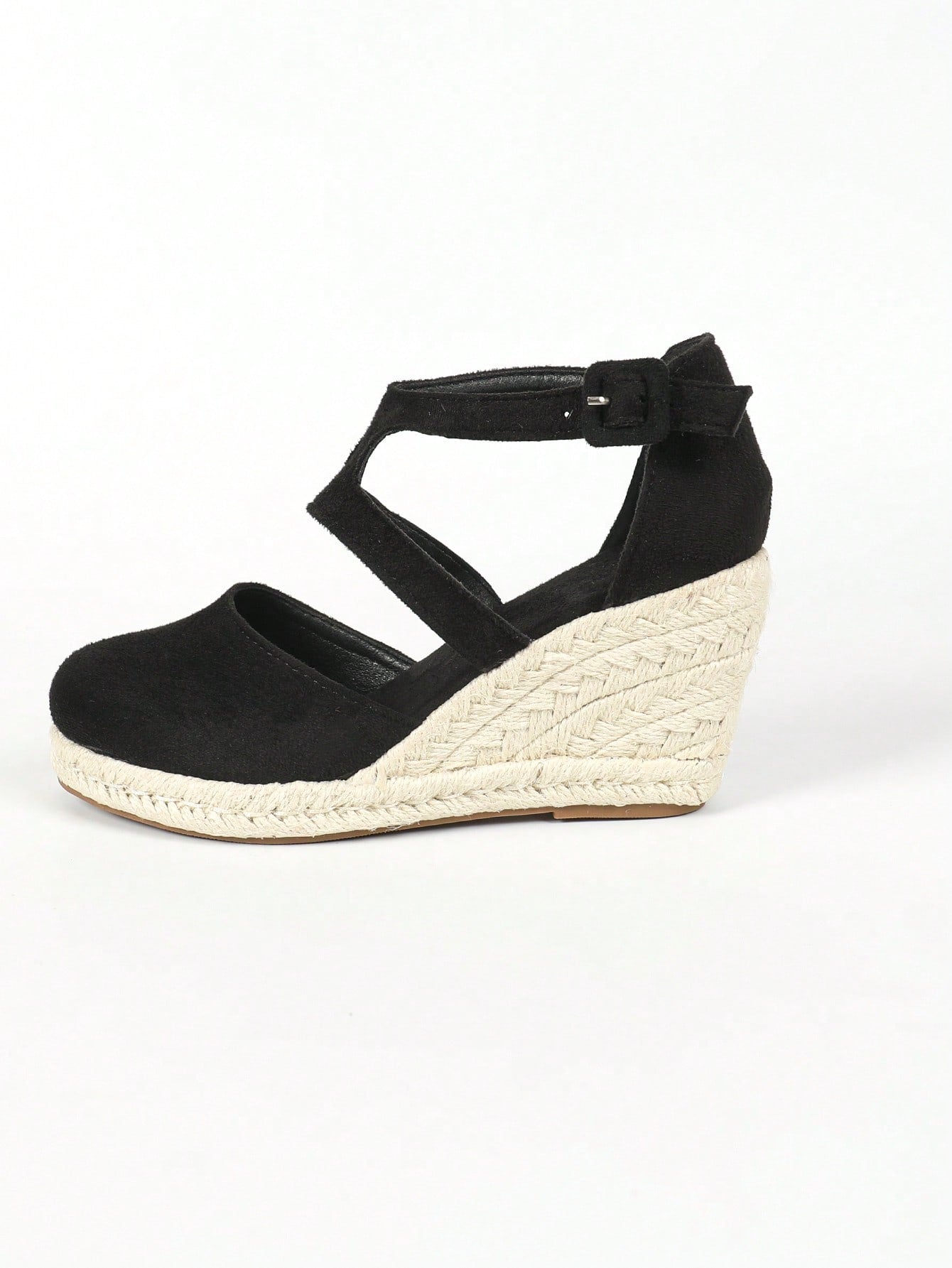 Women'S Wedge Heel & Platform Single Shoes, Black Round Toe Platform Wedge Heel Espadrille Single Shoes With Buckle Strap, Elegant Holiday Sandals