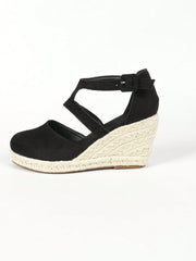 Women'S Wedge Heel & Platform Single Shoes, Black Round Toe Platform Wedge Heel Espadrille Single Shoes With Buckle Strap, Elegant Holiday Sandals