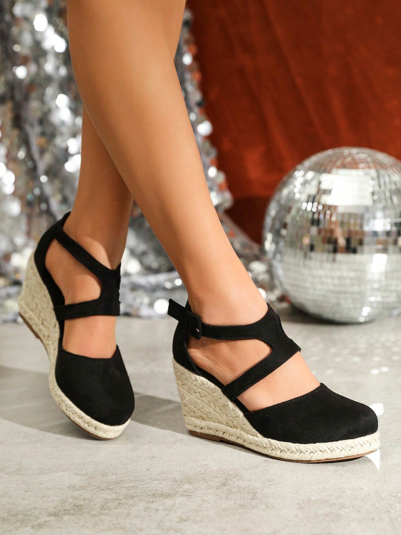 Women'S Wedge Heel & Platform Single Shoes, Black Round Toe Platform Wedge Heel Espadrille Single Shoes With Buckle Strap, Elegant Holiday Sandals