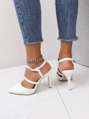 Fashionable Women'S White High Heel Shoes With Pointed Toe, Thin Heel & Buckle Detail