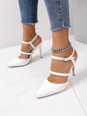 Fashionable Women'S White High Heel Shoes With Pointed Toe, Thin Heel & Buckle Detail