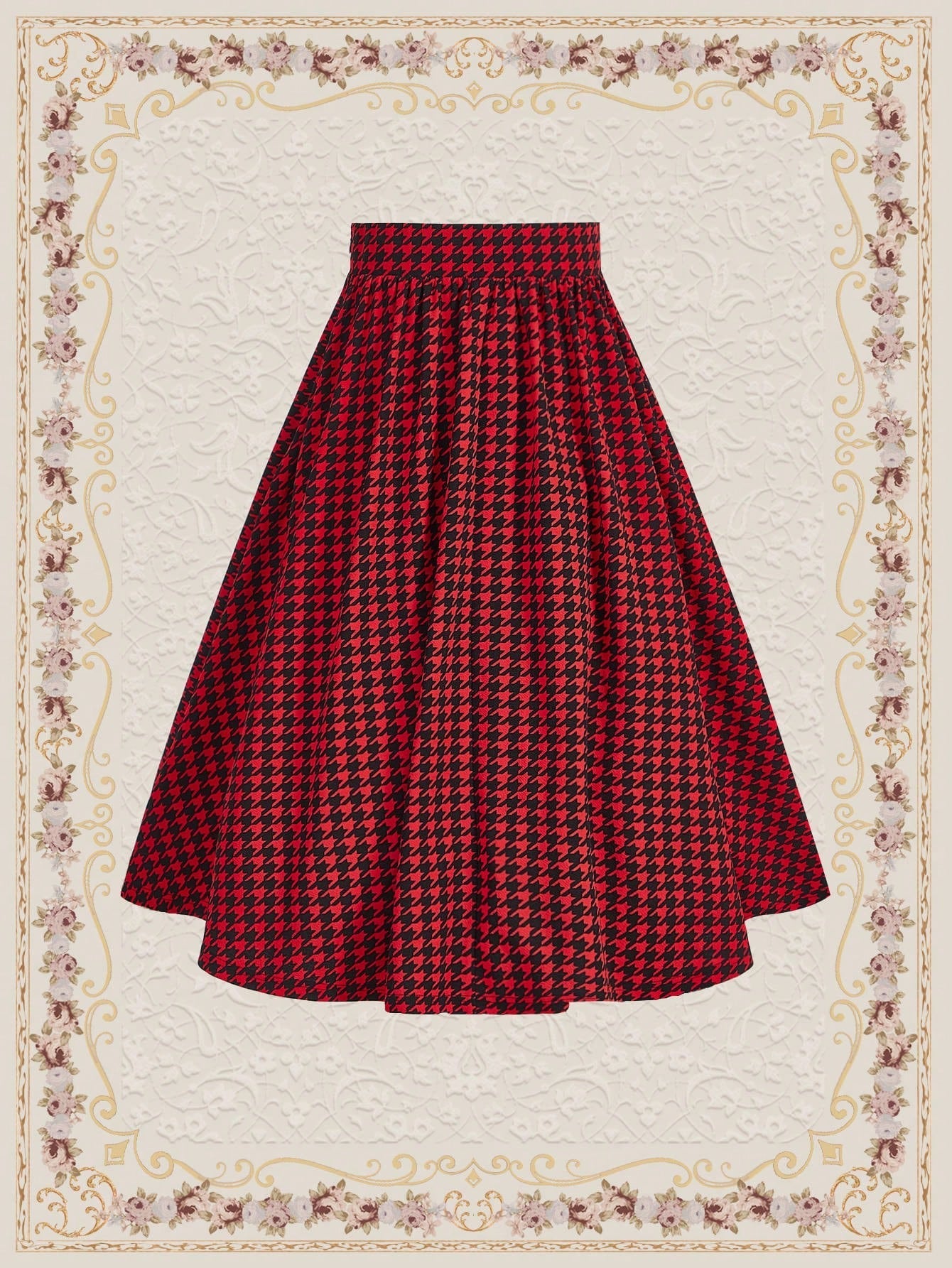 DECDS Women'S Houndstooth Waist Belted High Waist Vintage Midi Skirt With Umbrella Hem