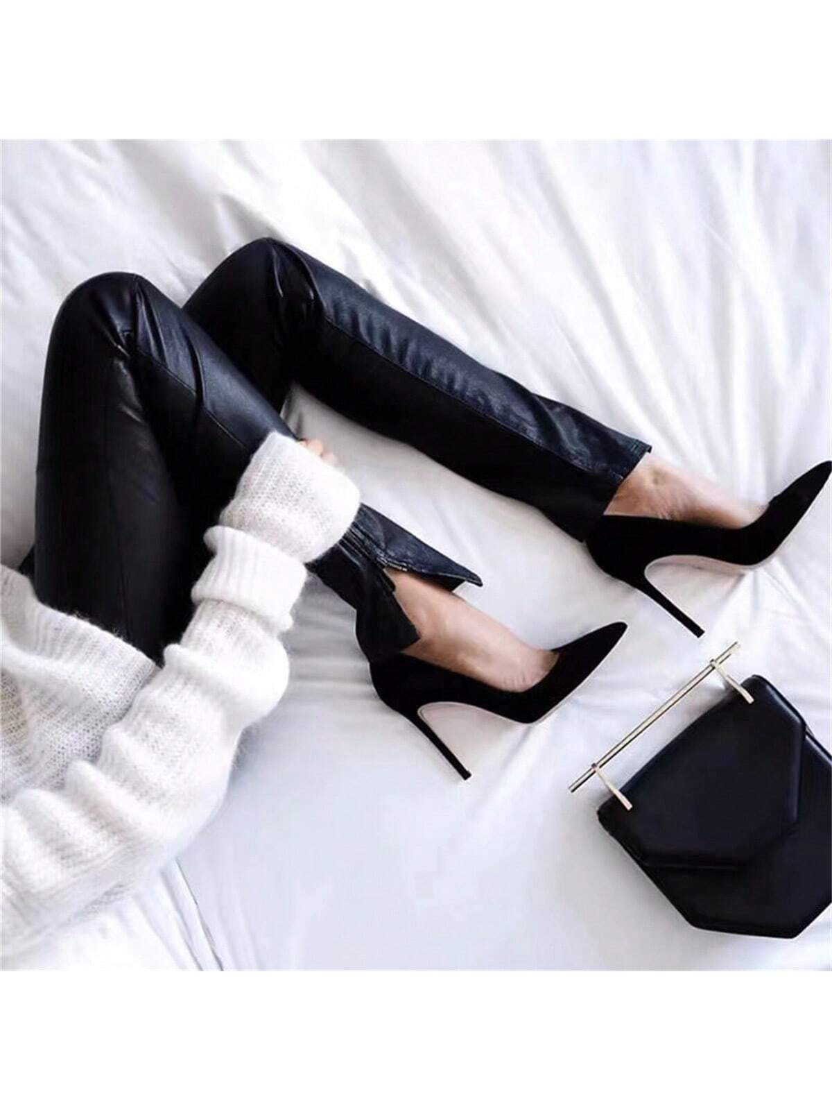 Women's Black Professional Stiletto Heels, New Fashionable Spring And Summer Shallow Mouth Pointed Toe Velvet Work Shoes