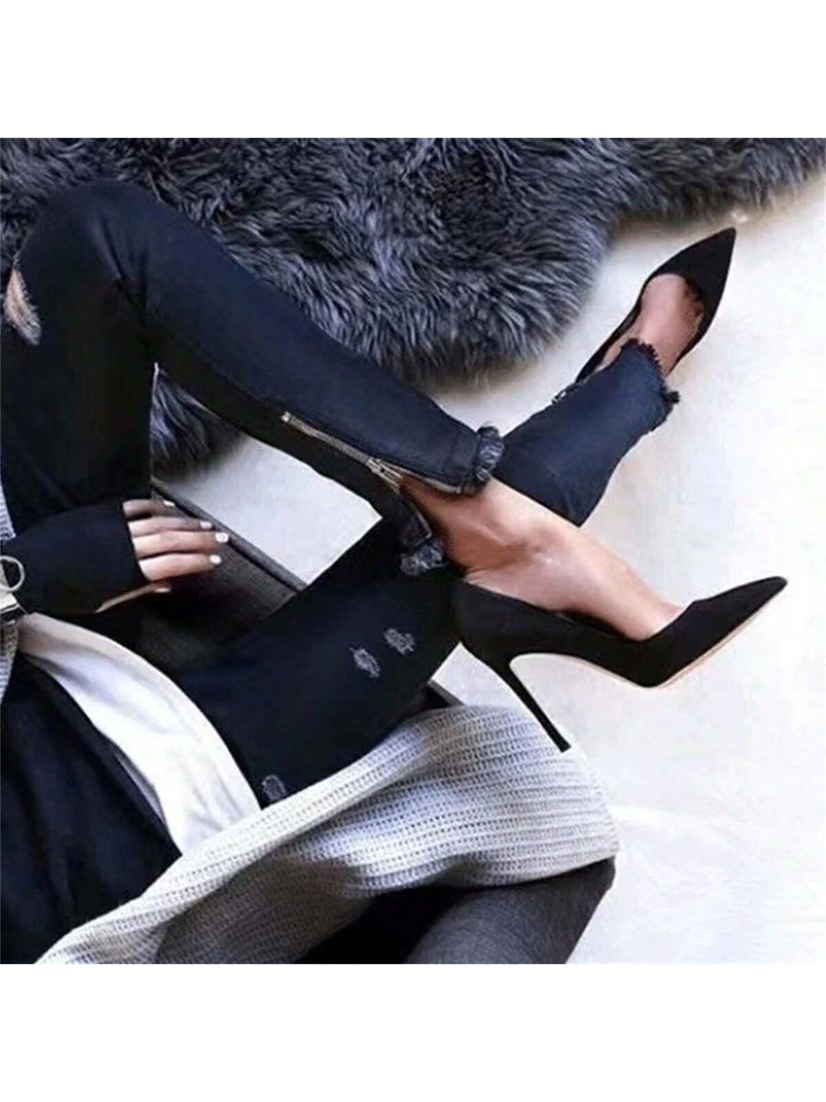 Women's Black Professional Stiletto Heels, New Fashionable Spring And Summer Shallow Mouth Pointed Toe Velvet Work Shoes