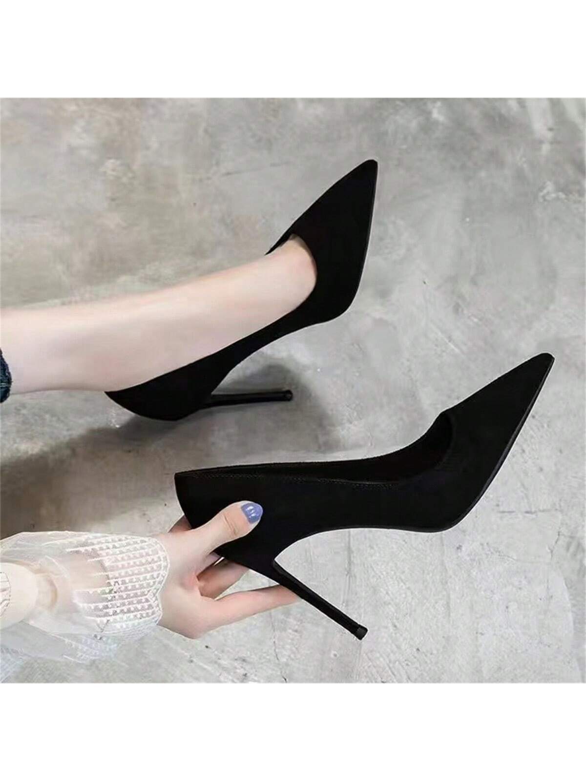 Women's Black Professional Stiletto Heels, New Fashionable Spring And Summer Shallow Mouth Pointed Toe Velvet Work Shoes