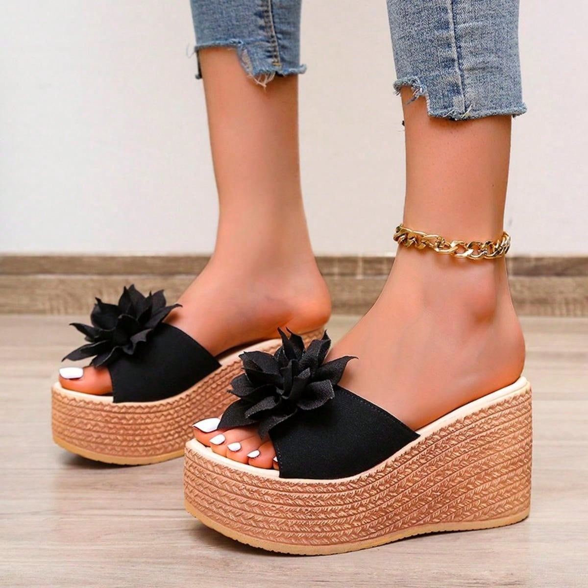 New Spring & Summer Black Platform Wedge Sandals For Women With Thick Sole, Non-Slip Water-Resistant Bottom, Large Size, Floral Decor, Bohemian Style, Open Toe, Peep Toe, Beach Vacation Slippers