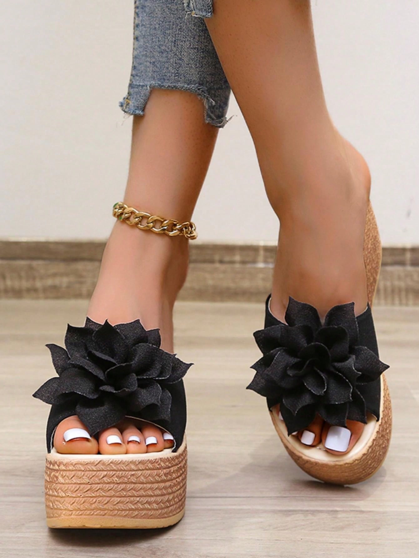 New Spring & Summer Black Platform Wedge Sandals For Women With Thick Sole, Non-Slip Water-Resistant Bottom, Large Size, Floral Decor, Bohemian Style, Open Toe, Peep Toe, Beach Vacation Slippers