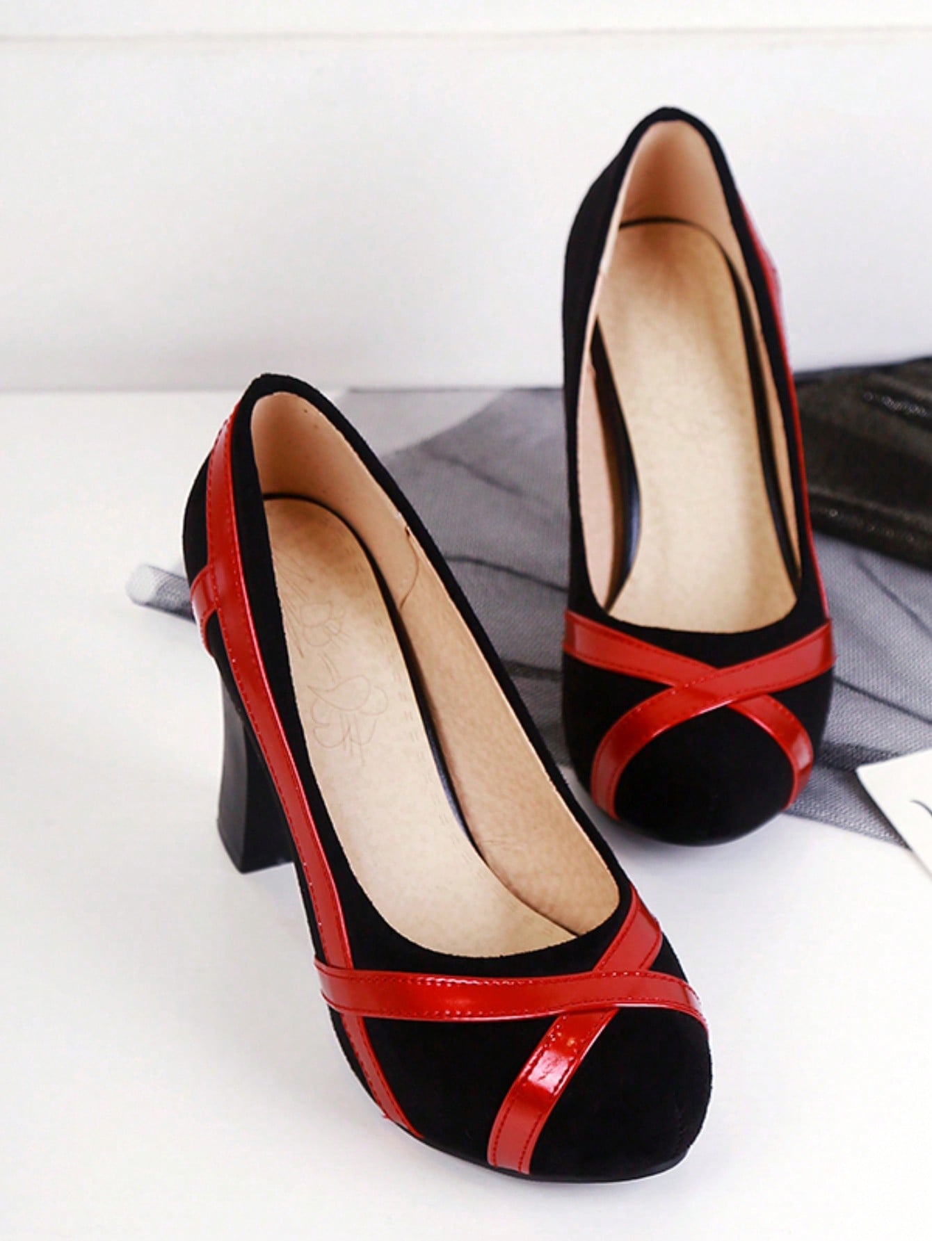 French Style Spring/ Autumn New Fashionable Women's Crossed Design Mary Jane Heels, Soft Leather Round Toe Pumps, Retro Black And Red Mixed, Versatile Chunky Heel Shoes With Color Block