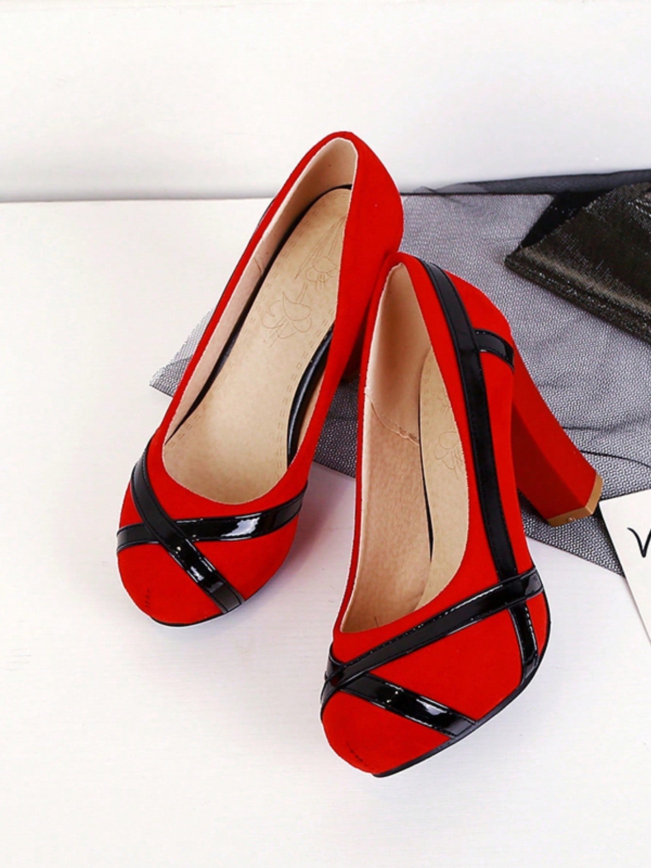 French Style Spring/ Autumn New Fashionable Women's Crossed Design Mary Jane Heels, Soft Leather Round Toe Pumps, Retro Black And Red Mixed, Versatile Chunky Heel Shoes With Color Block