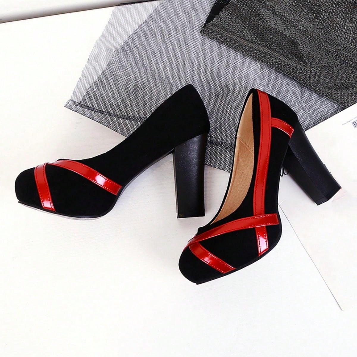 French Style Spring/ Autumn New Fashionable Women's Crossed Design Mary Jane Heels, Soft Leather Round Toe Pumps, Retro Black And Red Mixed, Versatile Chunky Heel Shoes With Color Block