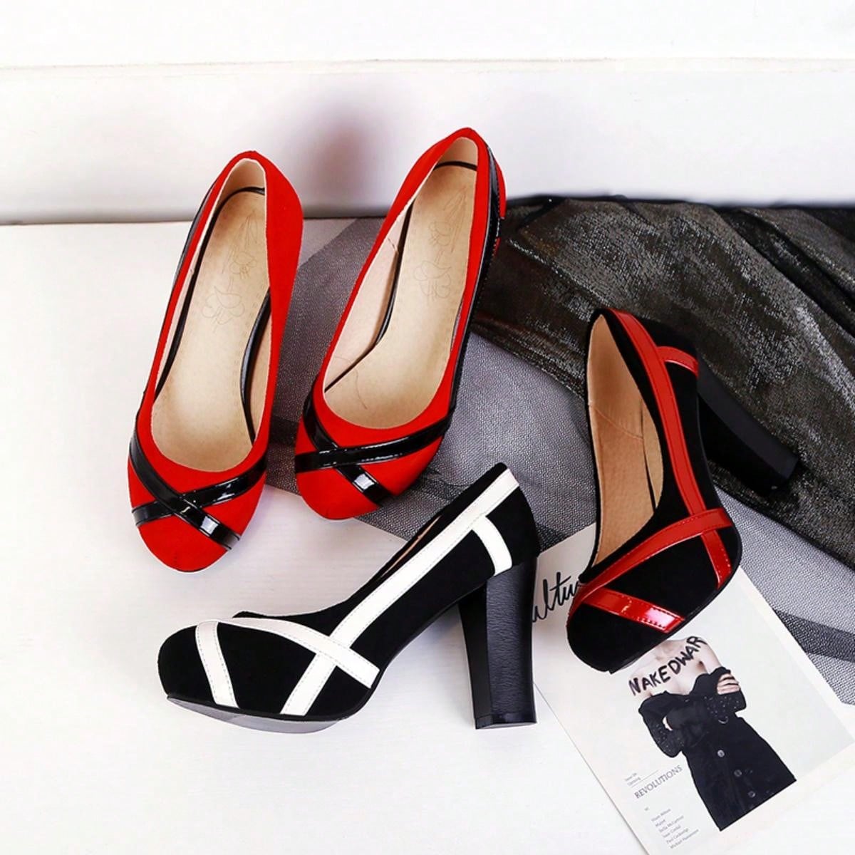 French Style Spring/ Autumn New Fashionable Women's Crossed Design Mary Jane Heels, Soft Leather Round Toe Pumps, Retro Black And Red Mixed, Versatile Chunky Heel Shoes With Color Block