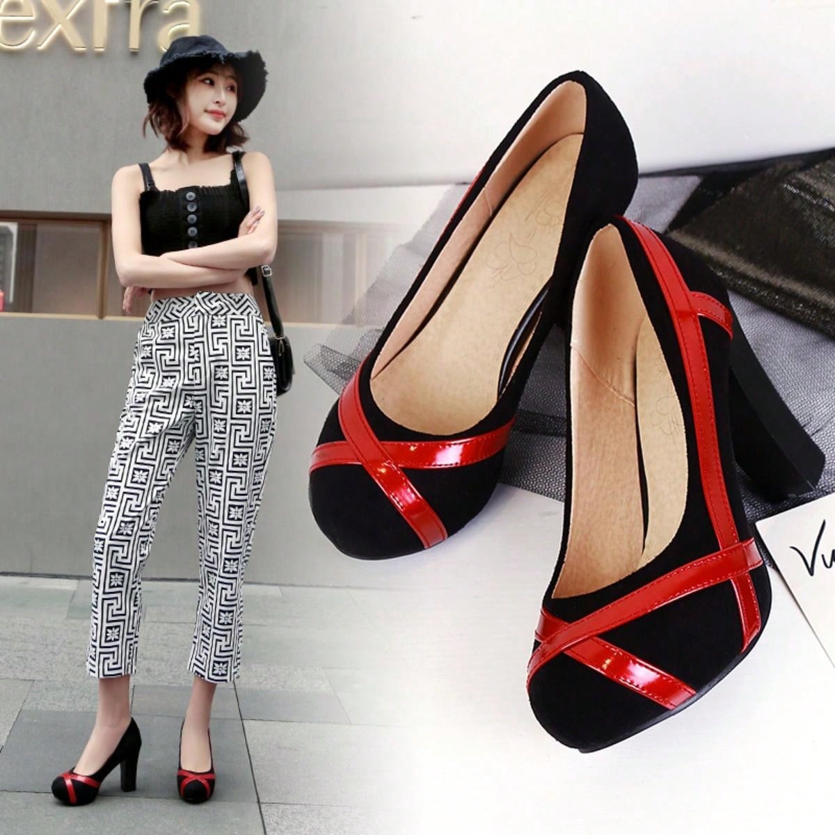 French Style Spring/ Autumn New Fashionable Women's Crossed Design Mary Jane Heels, Soft Leather Round Toe Pumps, Retro Black And Red Mixed, Versatile Chunky Heel Shoes With Color Block