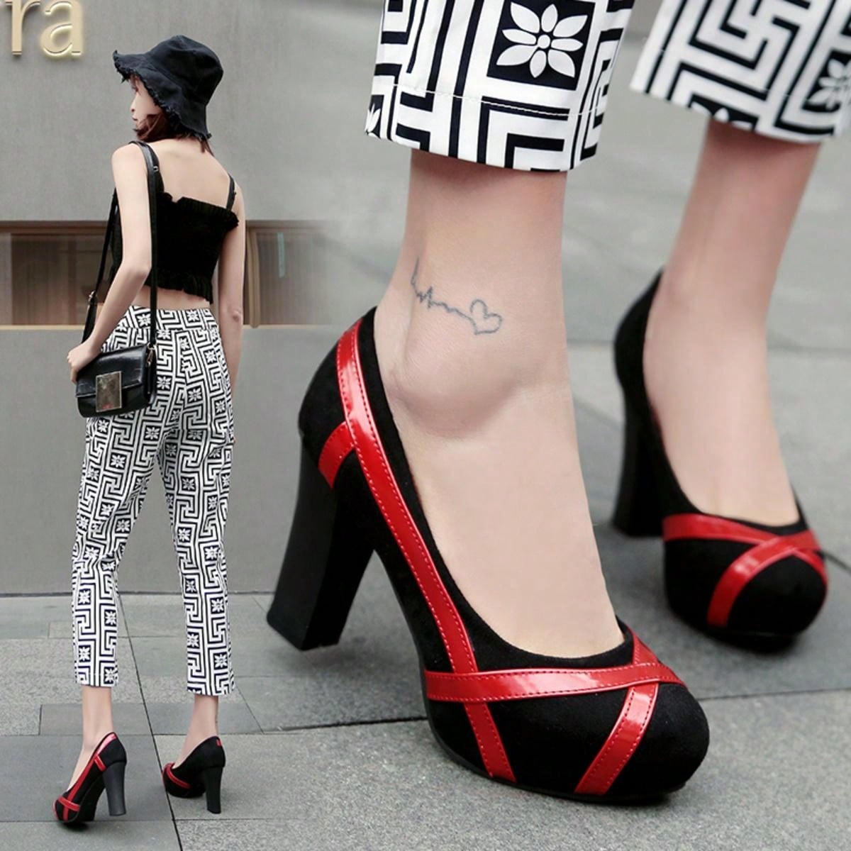 French Style Spring/ Autumn New Fashionable Women's Crossed Design Mary Jane Heels, Soft Leather Round Toe Pumps, Retro Black And Red Mixed, Versatile Chunky Heel Shoes With Color Block