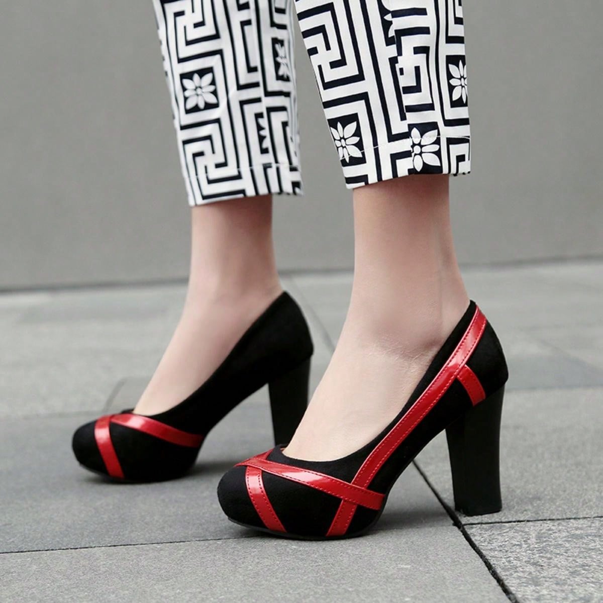 French Style Spring/ Autumn New Fashionable Women's Crossed Design Mary Jane Heels, Soft Leather Round Toe Pumps, Retro Black And Red Mixed, Versatile Chunky Heel Shoes With Color Block