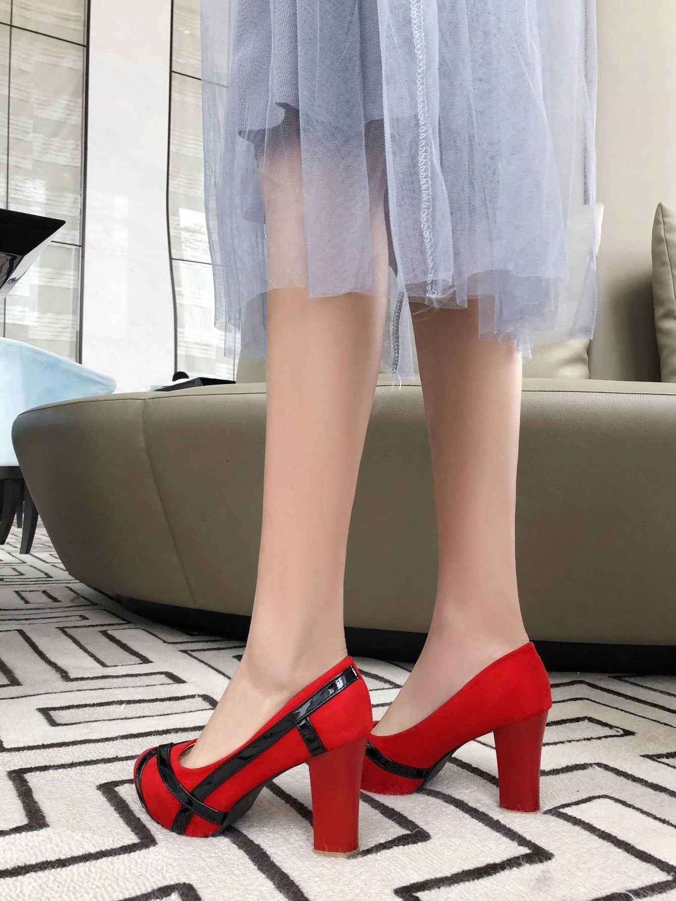 French Style Spring/ Autumn New Fashionable Women's Crossed Design Mary Jane Heels, Soft Leather Round Toe Pumps, Retro Black And Red Mixed, Versatile Chunky Heel Shoes With Color Block