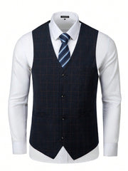 Men's Plaid Suit Three-Piece Set Including Jacket, Vest, And Pants