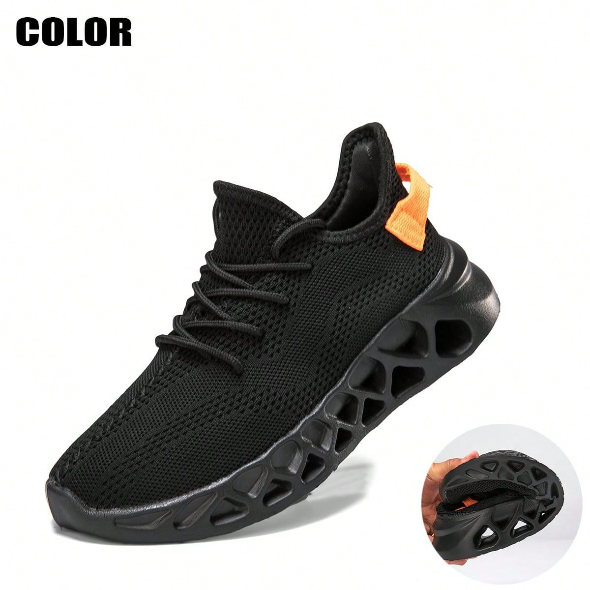 Women's Thick Sole Black Round Toe Low-Top Casual Running Shoes, Outdoor Athletic Knitted Sneakers