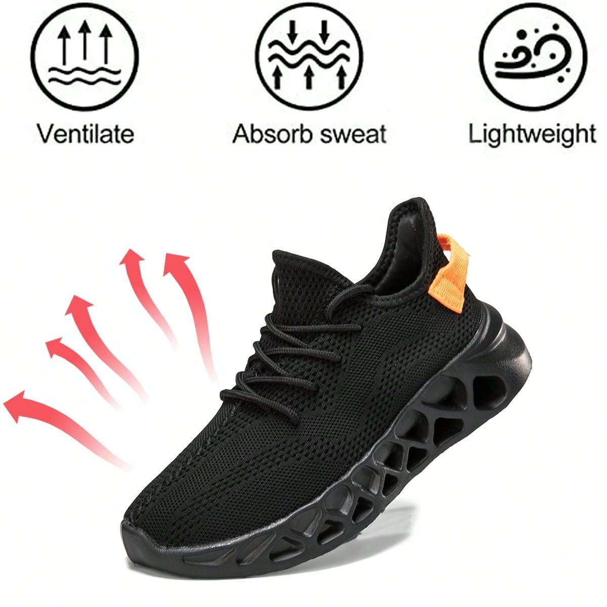 Women's Thick Sole Black Round Toe Low-Top Casual Running Shoes, Outdoor Athletic Knitted Sneakers