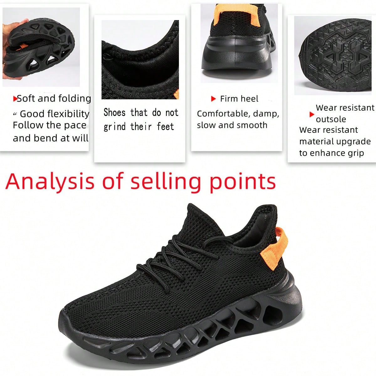 Women's Thick Sole Black Round Toe Low-Top Casual Running Shoes, Outdoor Athletic Knitted Sneakers