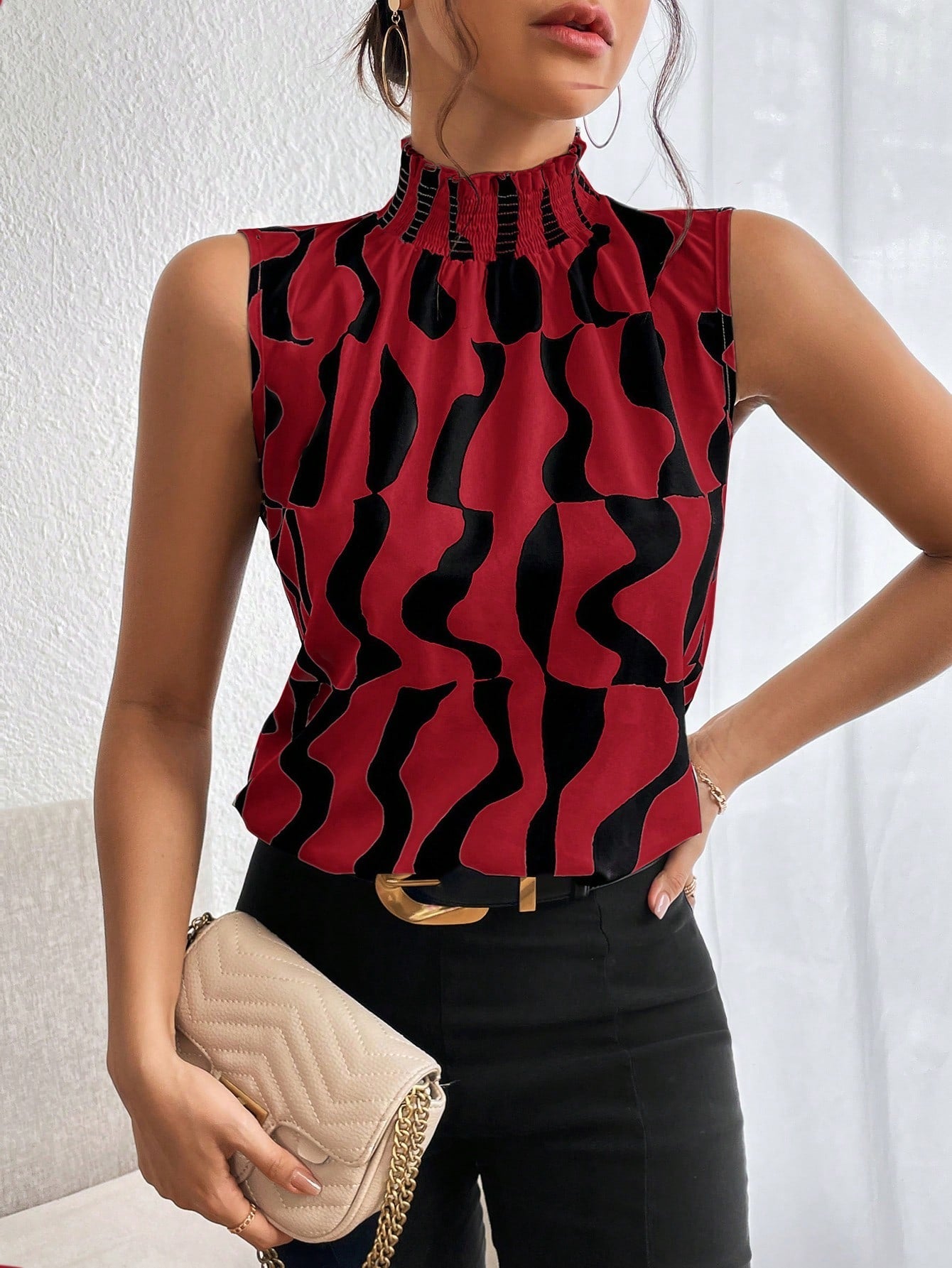 Privé Allover Print Mock Neck Sleeveless Blouse