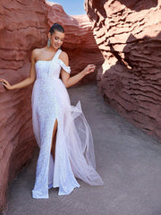 LOVE&LEMONADE White Sequined Wedding Dress With Slit And Streamer Detail